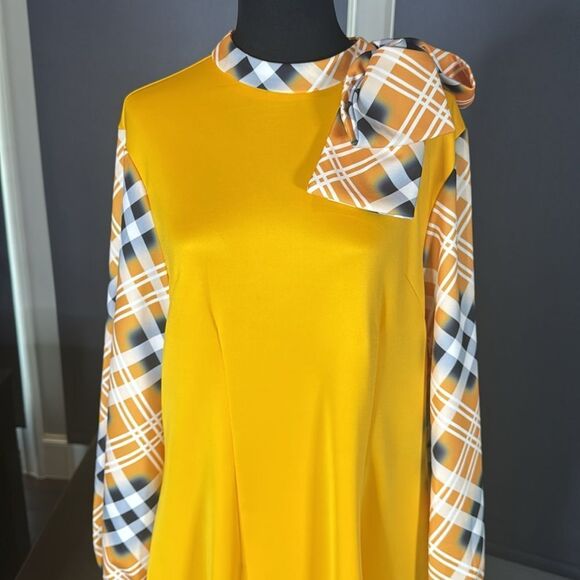 Women’s Yellow Midi Dress Mock Neck Plaid Long Sleeves and Bow Detail Size 2XL - Picture 2 of 16